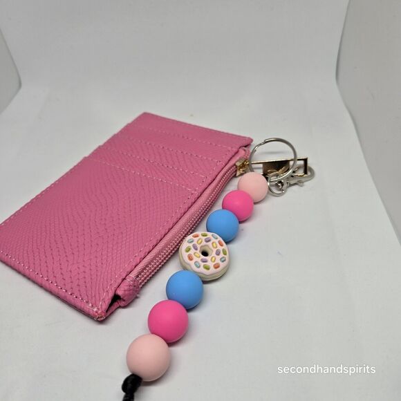 Zip Coin Wallet Zipper Coin Pouch Mini Card Case Pink With Detachable Keychain - Picture 4 of 5